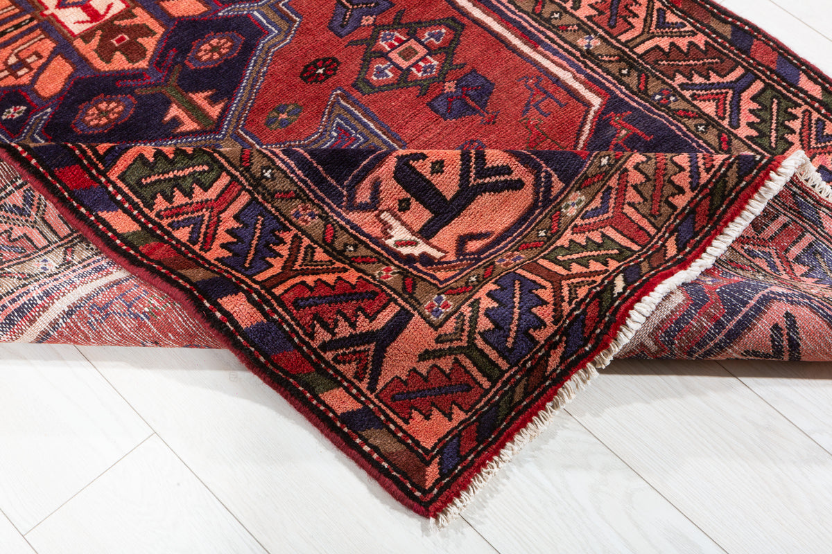 Vintage Rust Red and Navy Blue Bold Geometric Medallion Hand-Knotted Area Rug – 7' 3" x 3' 7" (221 x 109 cm)