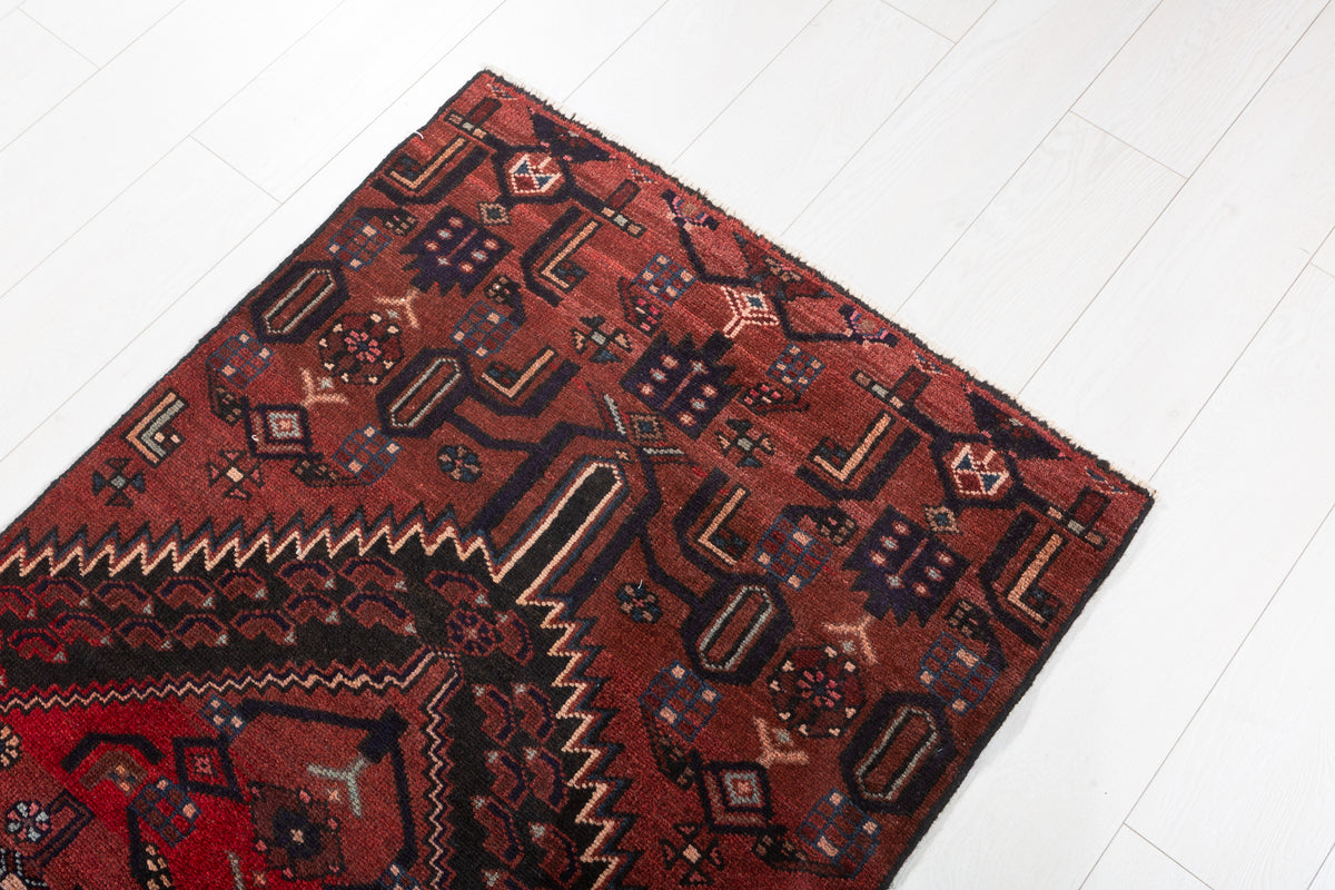 Vintage Rust Red and Black Narrow Geometric Medallion Hand-Knotted Area Rug – 6' 6" x 2' 9" (199 x 84 cm)