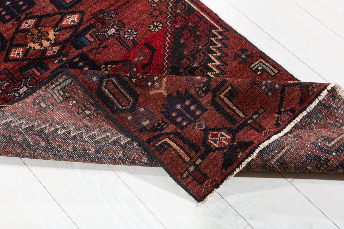Vintage Rust Red and Black Narrow Geometric Medallion Hand-Knotted Area Rug – 6' 6" x 2' 9" (199 x 84 cm)