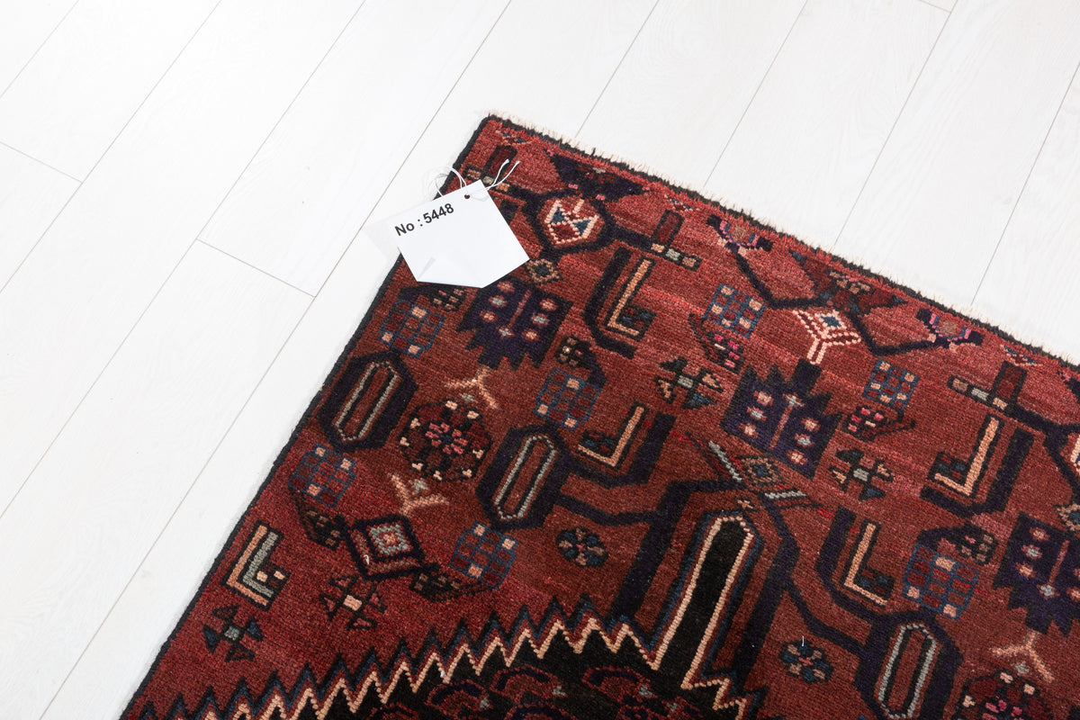 Vintage Rust Red and Black Narrow Geometric Medallion Hand-Knotted Area Rug – 6' 6" x 2' 9" (199 x 84 cm)
