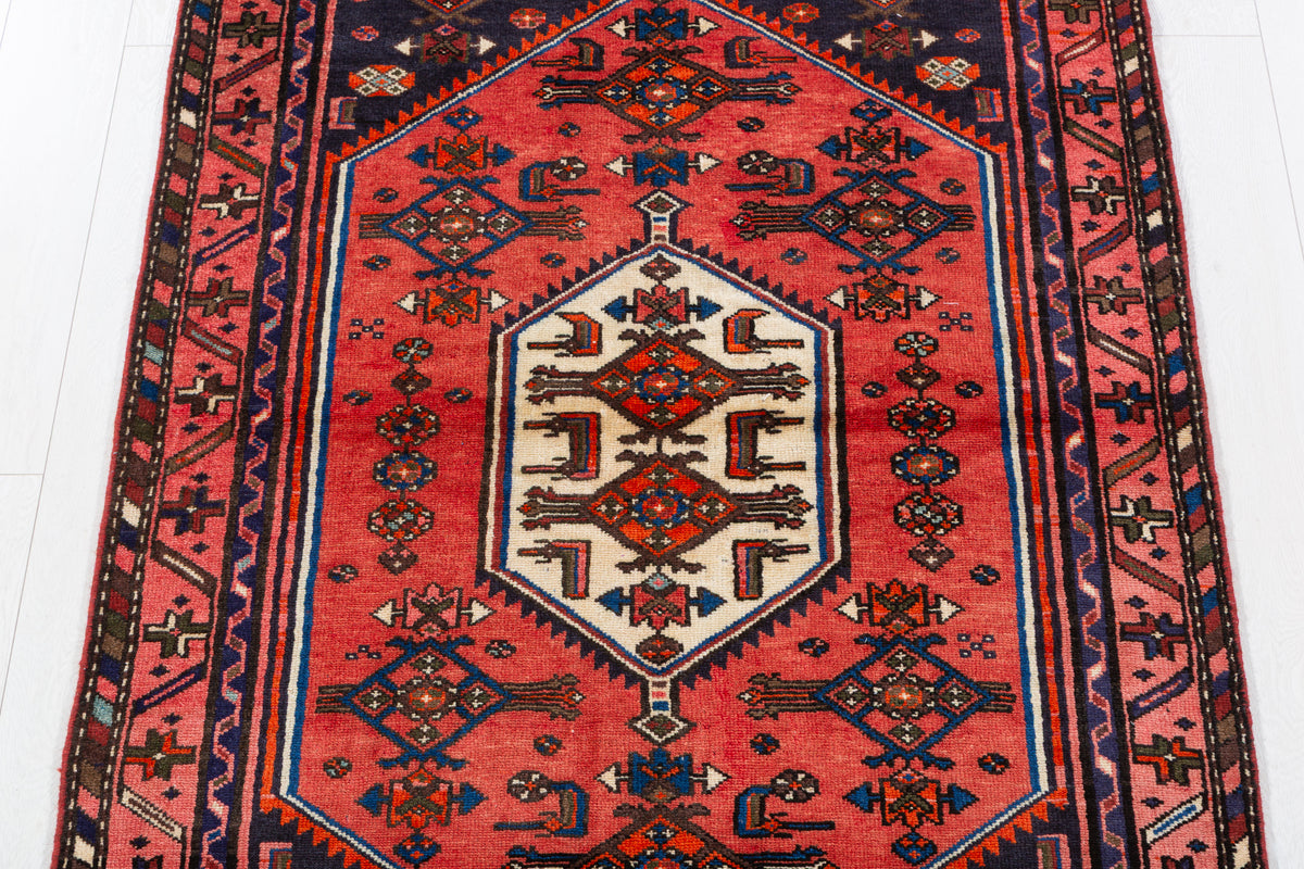 Vintage Red and Navy Blue Central Hexagonal Medallion Hand-Knotted Area Rug – 6' 5" x 3' 8" (196 x 111 cm)