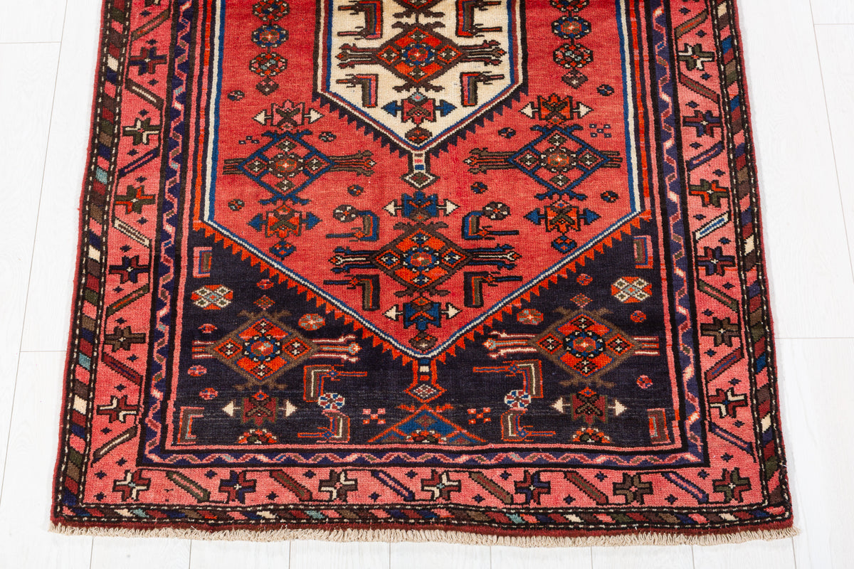 Vintage Red and Navy Blue Central Hexagonal Medallion Hand-Knotted Area Rug – 6' 5" x 3' 8" (196 x 111 cm)