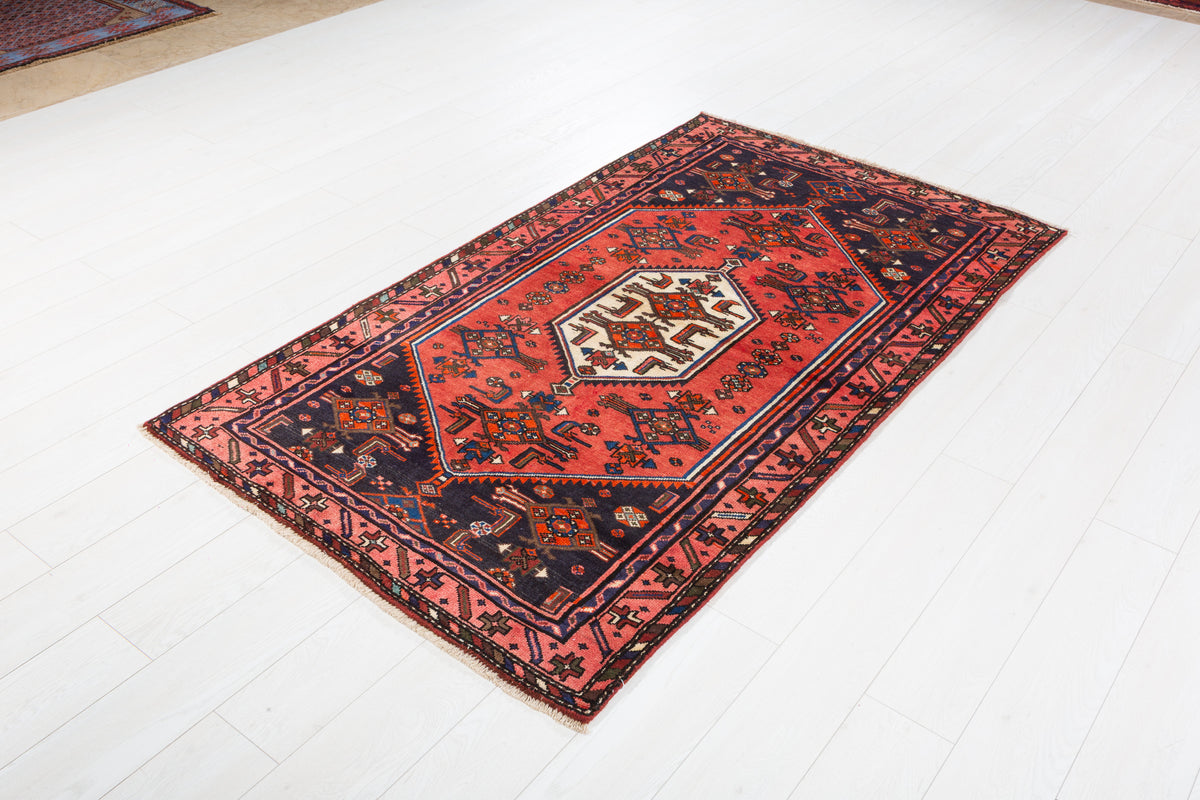 Vintage Red and Navy Blue Central Hexagonal Medallion Hand-Knotted Area Rug – 6' 5" x 3' 8" (196 x 111 cm)