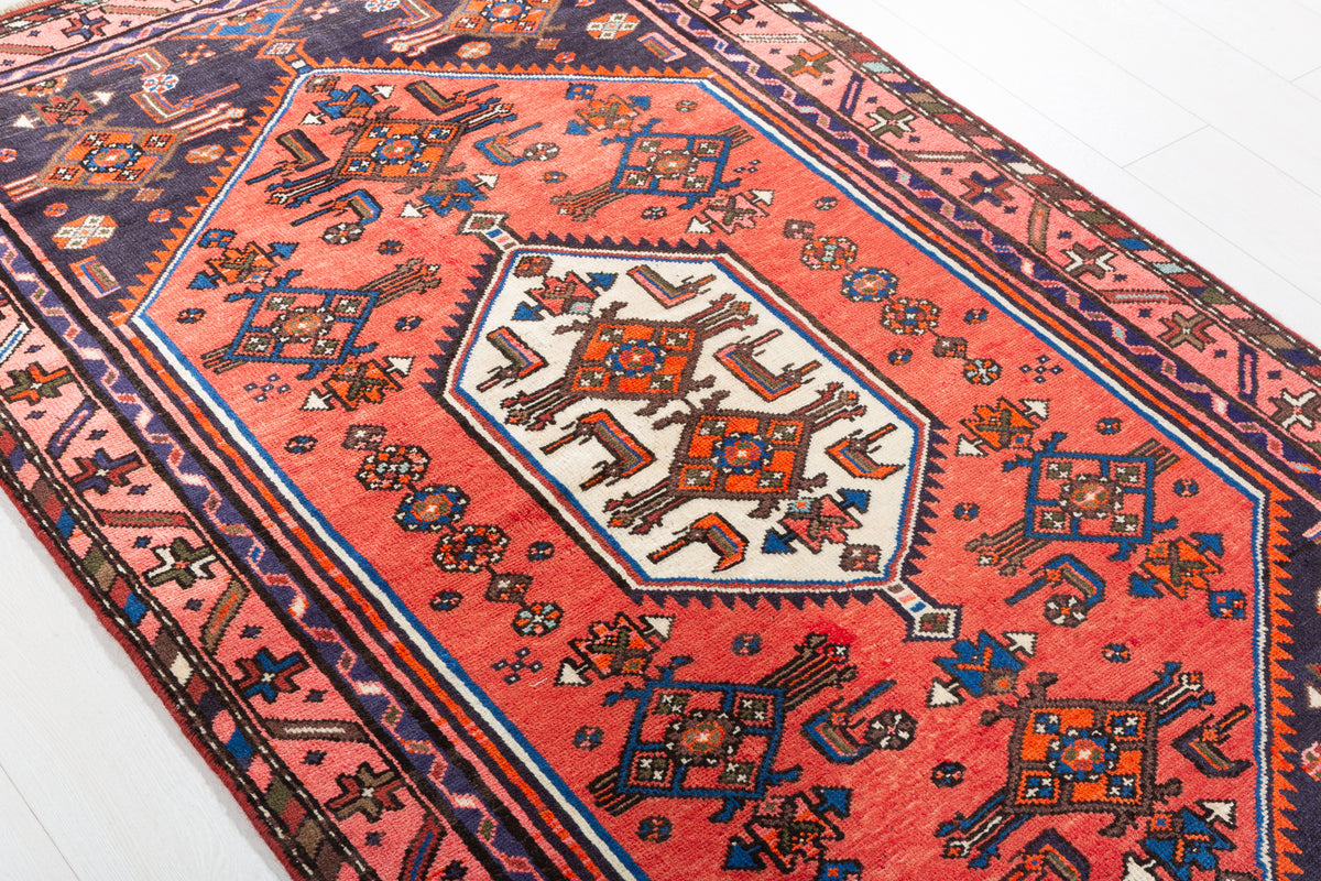 Vintage Red and Navy Blue Central Hexagonal Medallion Hand-Knotted Area Rug – 6' 5" x 3' 8" (196 x 111 cm)