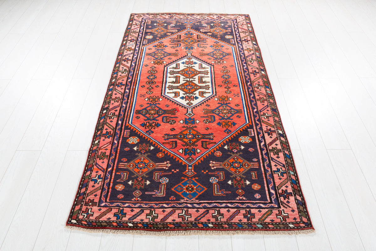 Vintage Red and Navy Blue Central Hexagonal Medallion Hand-Knotted Area Rug – 6' 5" x 3' 8" (196 x 111 cm)