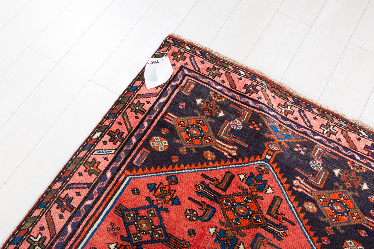Vintage Red and Navy Blue Central Hexagonal Medallion Hand-Knotted Area Rug – 6' 5" x 3' 8" (196 x 111 cm)