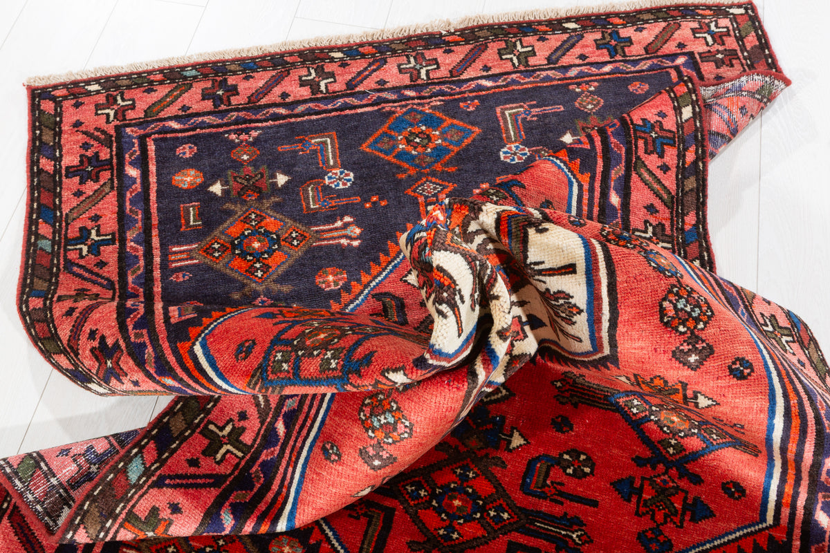 Vintage Red and Navy Blue Central Hexagonal Medallion Hand-Knotted Area Rug – 6' 5" x 3' 8" (196 x 111 cm)