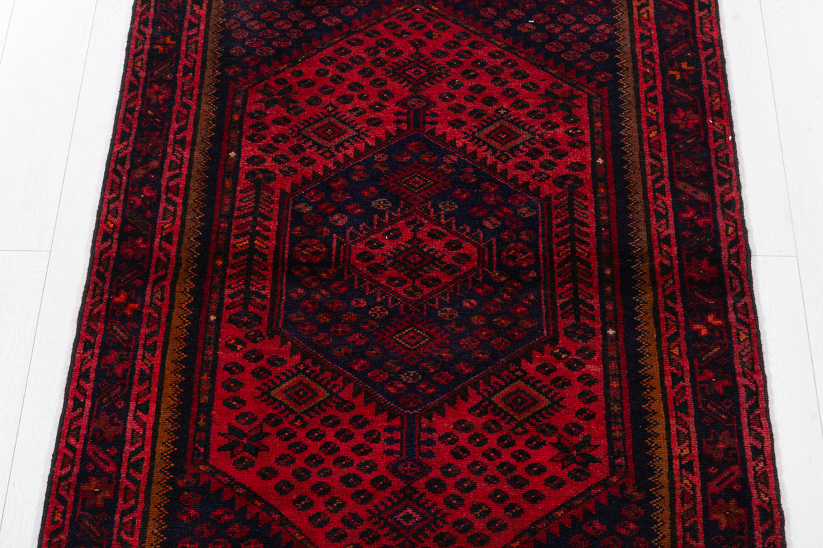 Vintage Red and Navy Blue Diamond Medallion Hand-Knotted Area Rug – 6' 4" x 3' 4" (194 x 102 cm)