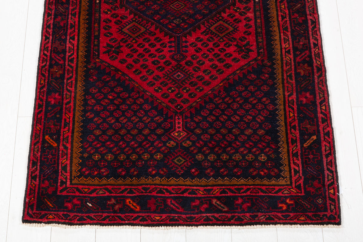 Vintage Red and Navy Blue Diamond Medallion Hand-Knotted Area Rug – 6' 4" x 3' 4" (194 x 102 cm)