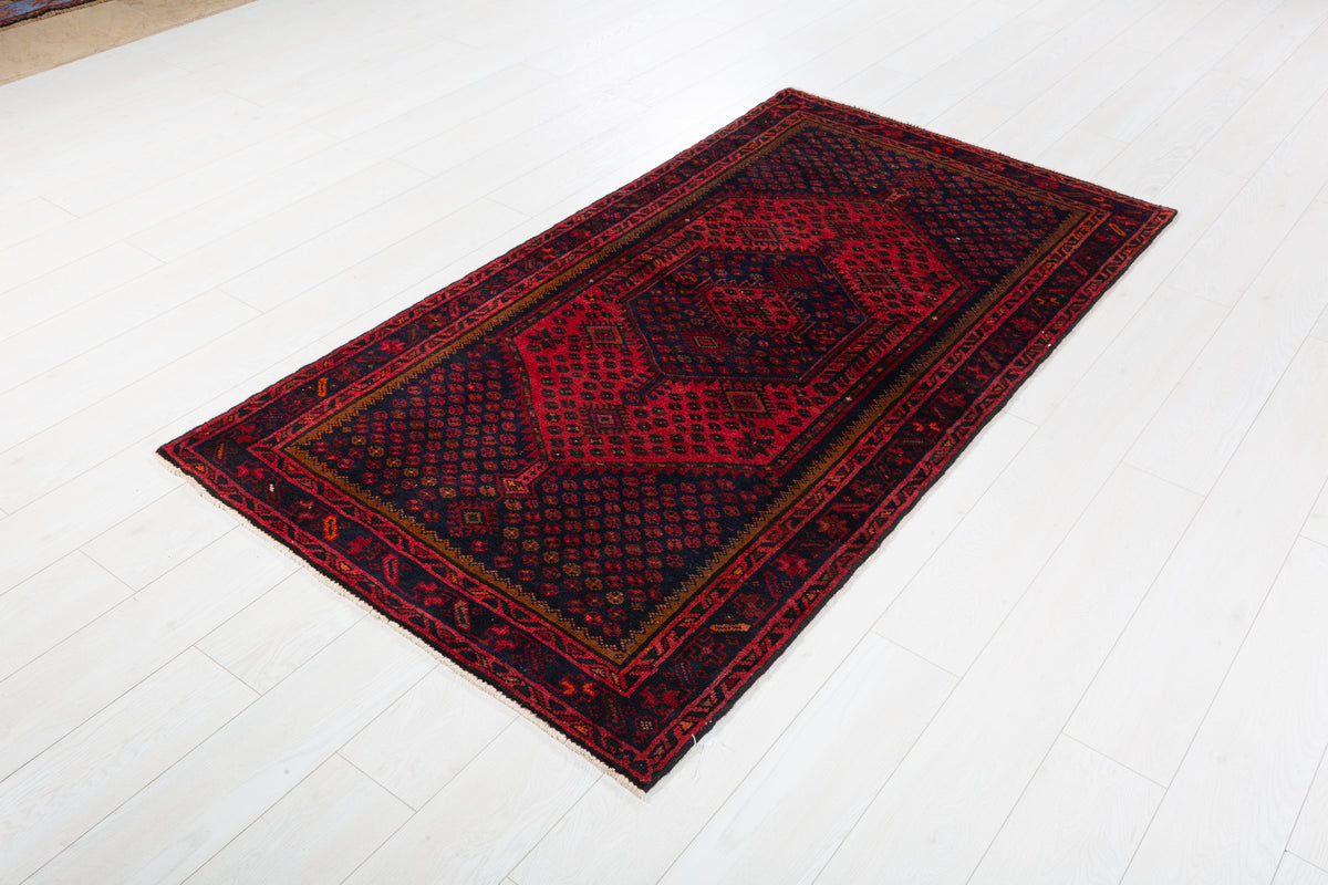 Vintage Red and Navy Blue Diamond Medallion Hand-Knotted Area Rug – 6' 4" x 3' 4" (194 x 102 cm)