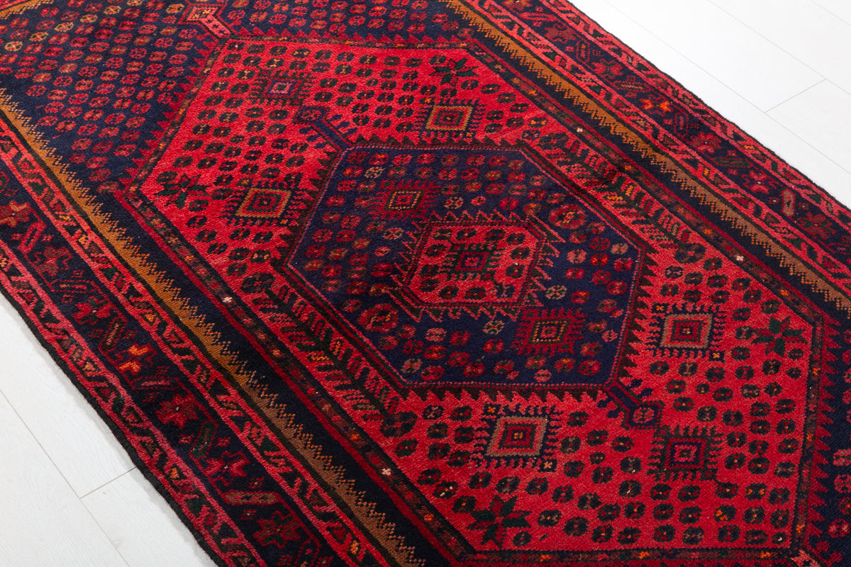 Vintage Red and Navy Blue Diamond Medallion Hand-Knotted Area Rug – 6' 4" x 3' 4" (194 x 102 cm)