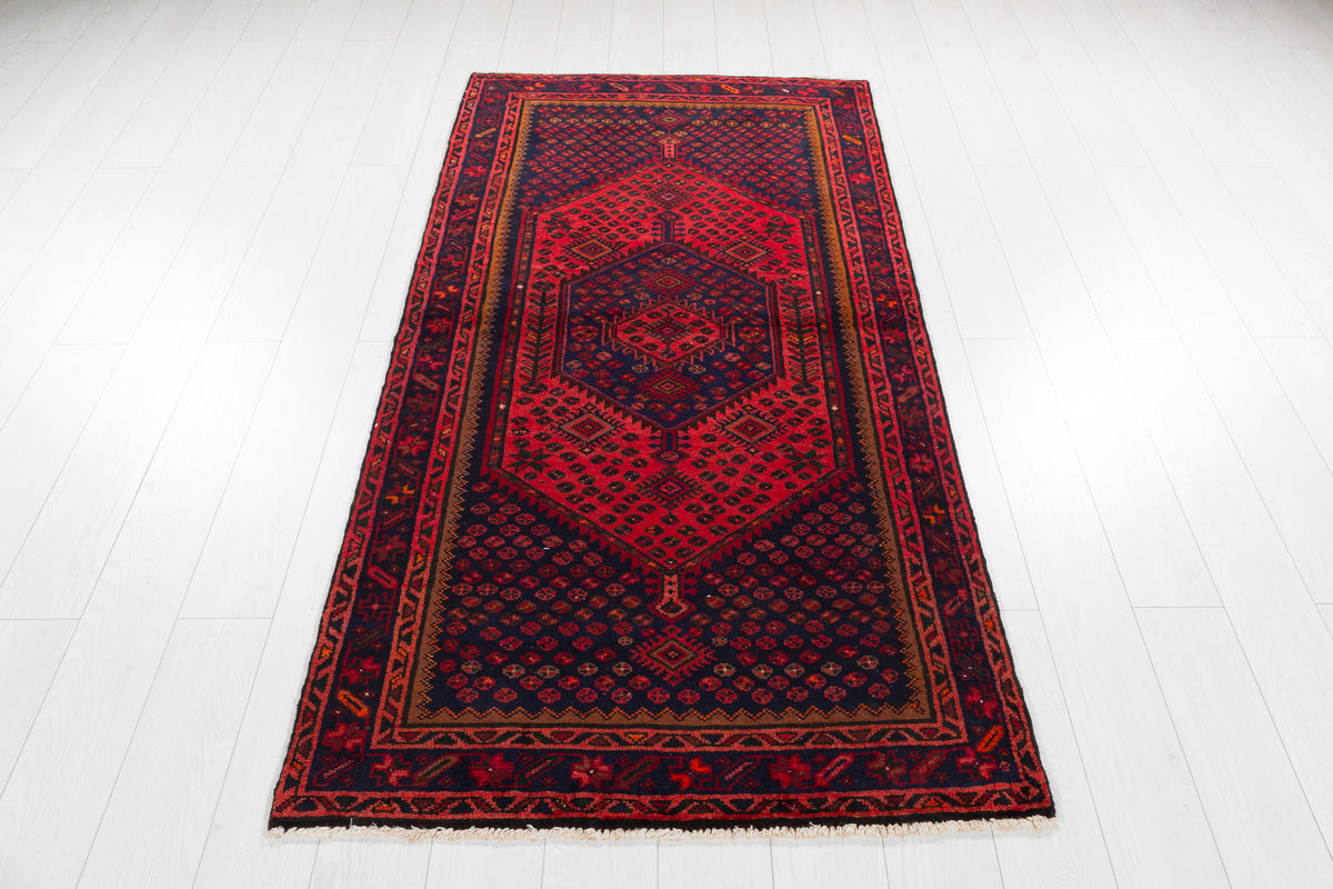 Vintage Red and Navy Blue Diamond Medallion Hand-Knotted Area Rug – 6' 4" x 3' 4" (194 x 102 cm)
