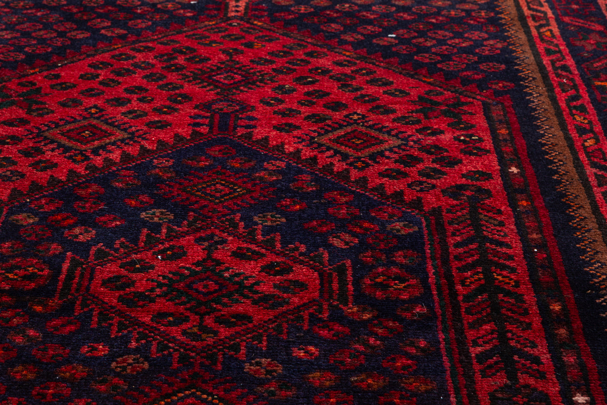 Vintage Red and Navy Blue Diamond Medallion Hand-Knotted Area Rug – 6' 4" x 3' 4" (194 x 102 cm)