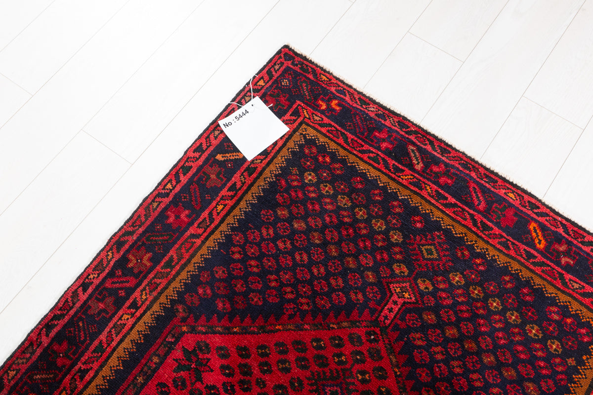 Vintage Red and Navy Blue Diamond Medallion Hand-Knotted Area Rug – 6' 4" x 3' 4" (194 x 102 cm)