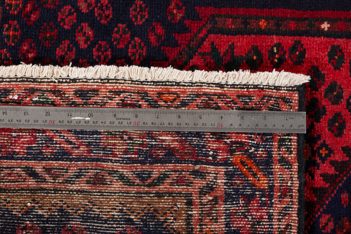 Vintage Red and Navy Blue Diamond Medallion Hand-Knotted Area Rug – 6' 4" x 3' 4" (194 x 102 cm)