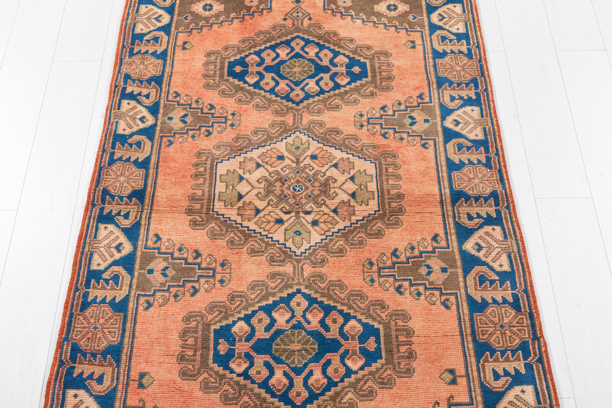Collectible Vintage Faded Peach and Blue Triple Diamond Medallion Hand-Knotted Area Rug – 6' 6" x 3' 7" (199 x 108 cm)