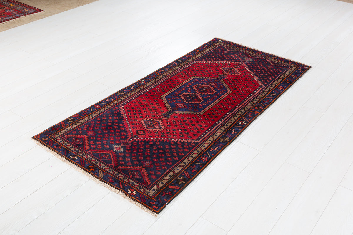 Vintage Red and Navy Blue Hexagonal Medallion Hand-Knotted Area Rug – 6' 4" x 2' 11" (192 x 90 cm)