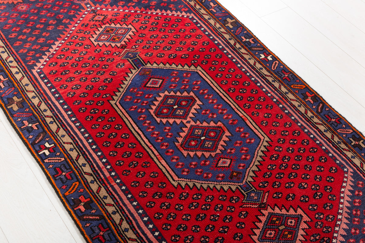 Vintage Red and Navy Blue Hexagonal Medallion Hand-Knotted Area Rug – 6' 4" x 2' 11" (192 x 90 cm)