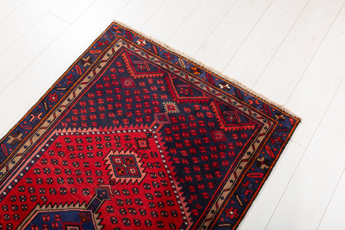 Vintage Red and Navy Blue Hexagonal Medallion Hand-Knotted Area Rug – 6' 4" x 2' 11" (192 x 90 cm)
