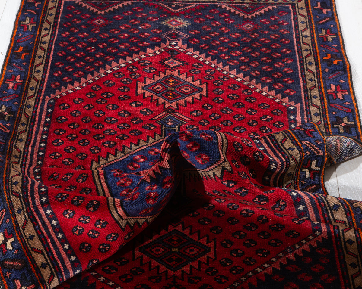 Vintage Red and Navy Blue Hexagonal Medallion Hand-Knotted Area Rug – 6' 4" x 2' 11" (192 x 90 cm)