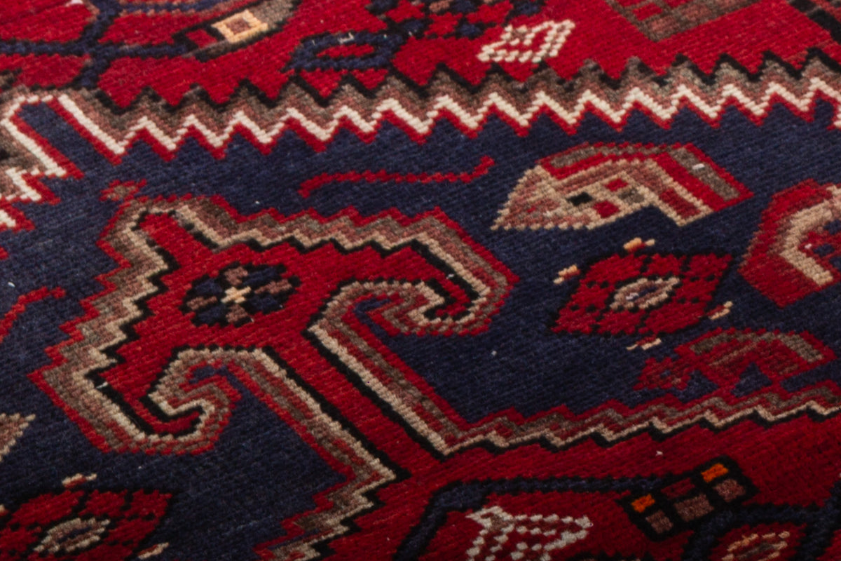 Vintage Red and Faded Navy Blue Geometric Hand-Knotted Area Rug – 6' 11" x 3' 7" (212 x 110 cm)