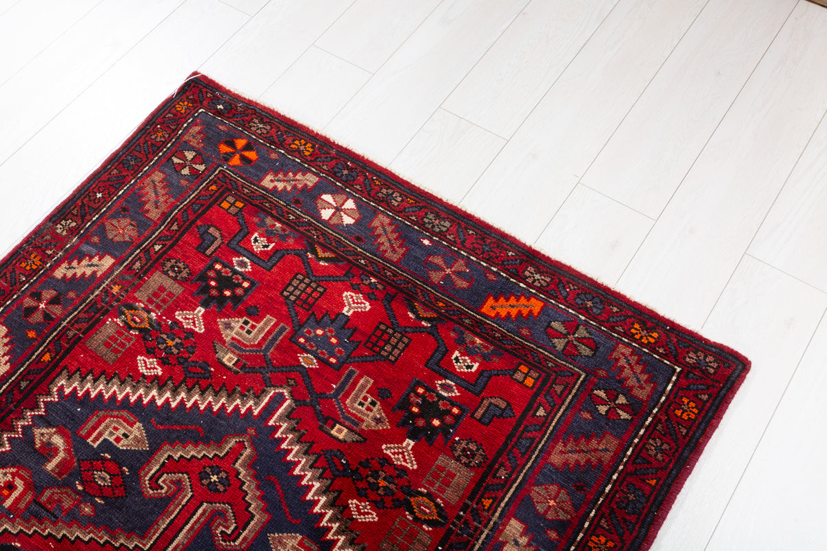 Vintage Red and Faded Navy Blue Geometric Hand-Knotted Area Rug – 6' 11" x 3' 7" (212 x 110 cm)