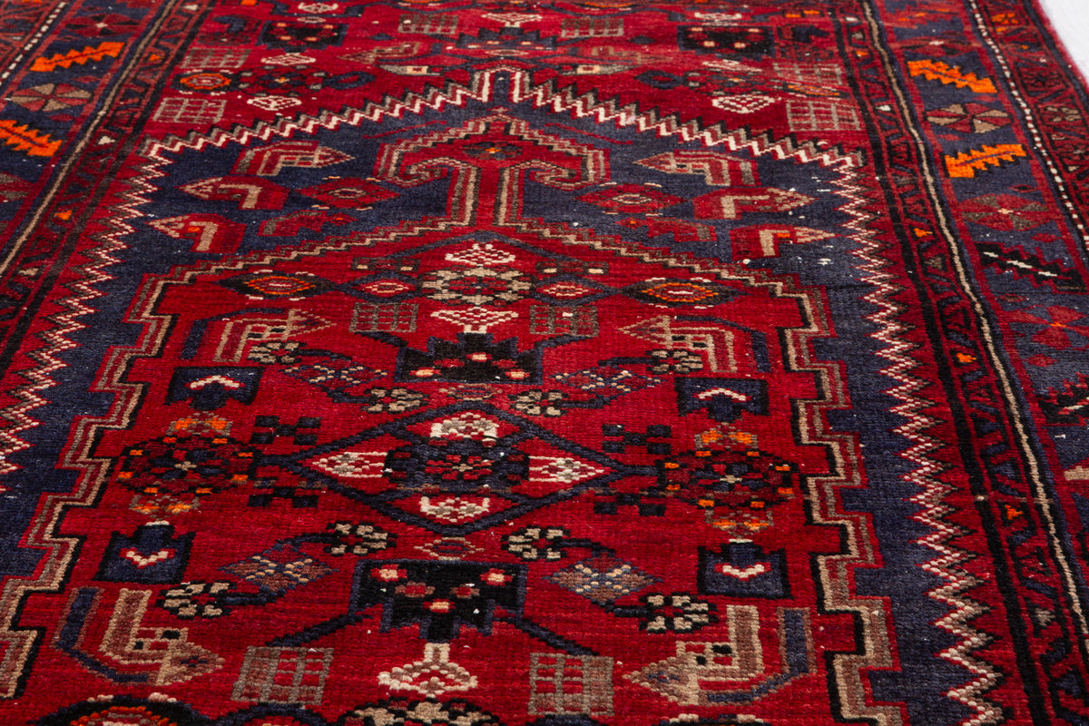 Vintage Red and Faded Navy Blue Geometric Hand-Knotted Area Rug – 6' 11" x 3' 7" (212 x 110 cm)