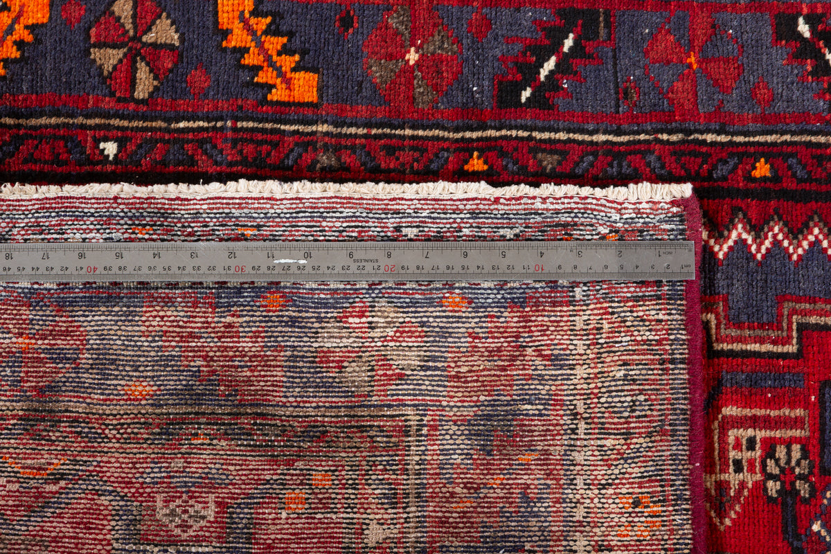 Vintage Red and Faded Navy Blue Geometric Hand-Knotted Area Rug – 6' 11" x 3' 7" (212 x 110 cm)