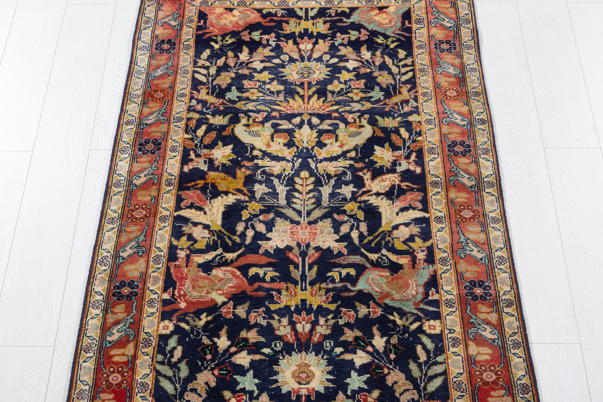 Antique Deep Navy Blue Hunting Design Hand-Knotted Area Rug – 6' 0" x 3' 3" (182 x 98 cm)