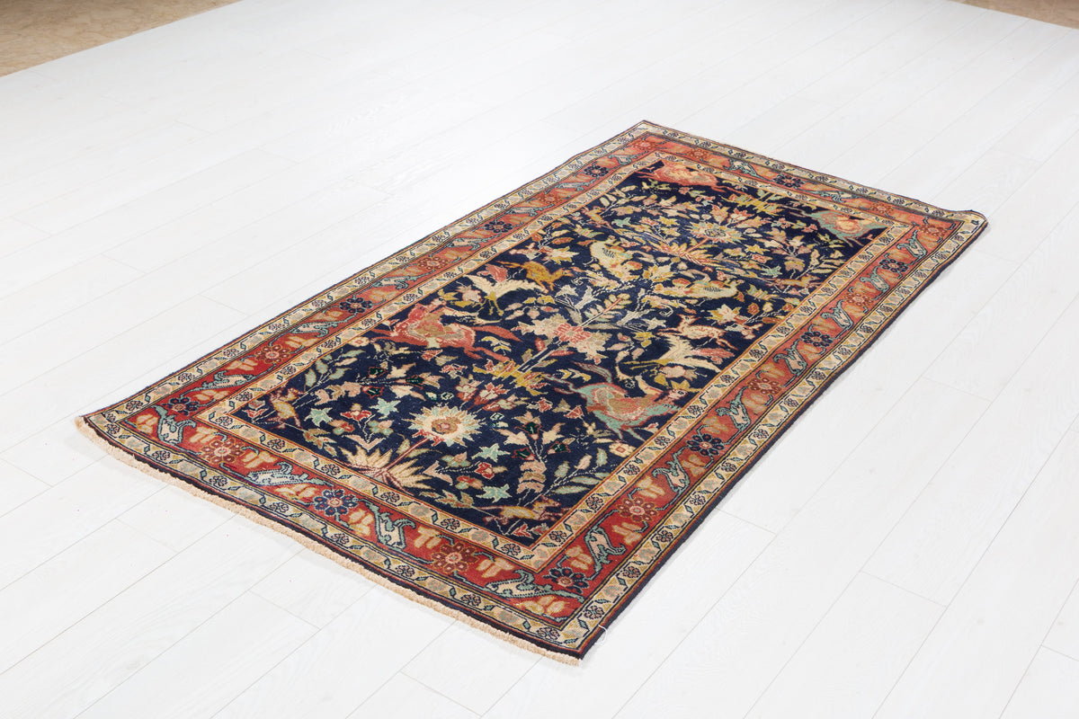 Antique Deep Navy Blue Hunting Design Hand-Knotted Area Rug – 6' 0" x 3' 3" (182 x 98 cm)