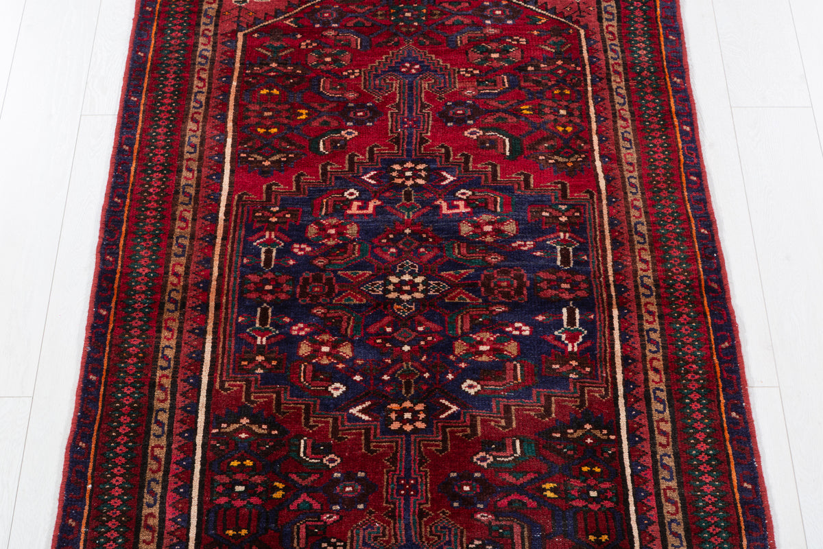 Vintage Rust Red and Navy Blue Fine Geometric Hand-Knotted Area Rug – 6' 8" x 3' 5" (204 x 103 cm)
