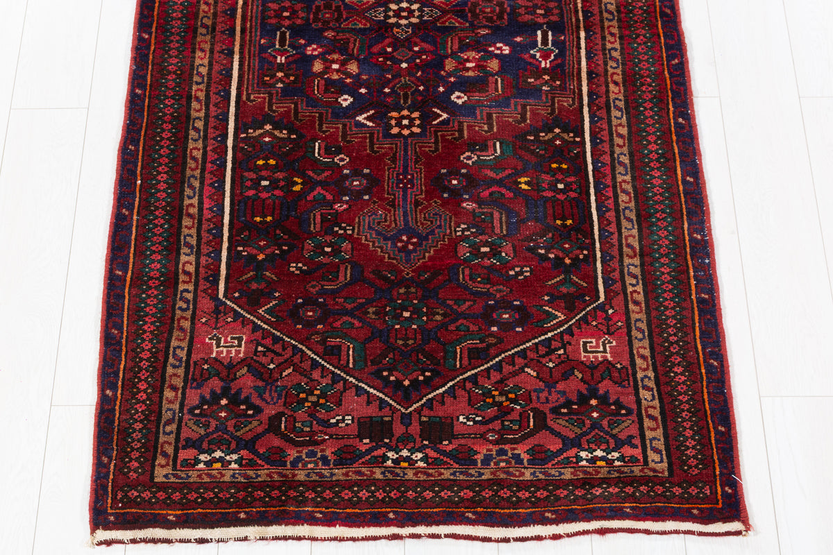 Vintage Rust Red and Navy Blue Fine Geometric Hand-Knotted Area Rug – 6' 8" x 3' 5" (204 x 103 cm)