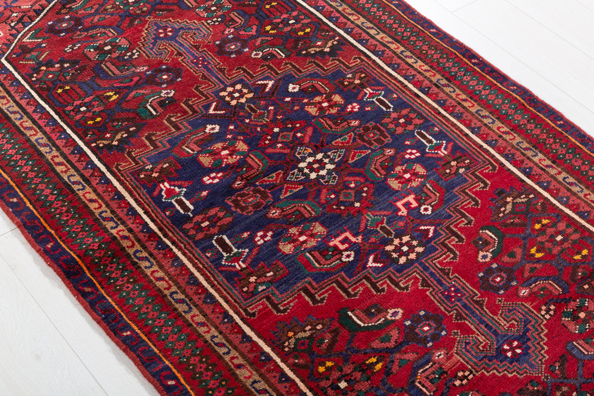 Vintage Rust Red and Navy Blue Fine Geometric Hand-Knotted Area Rug – 6' 8" x 3' 5" (204 x 103 cm)