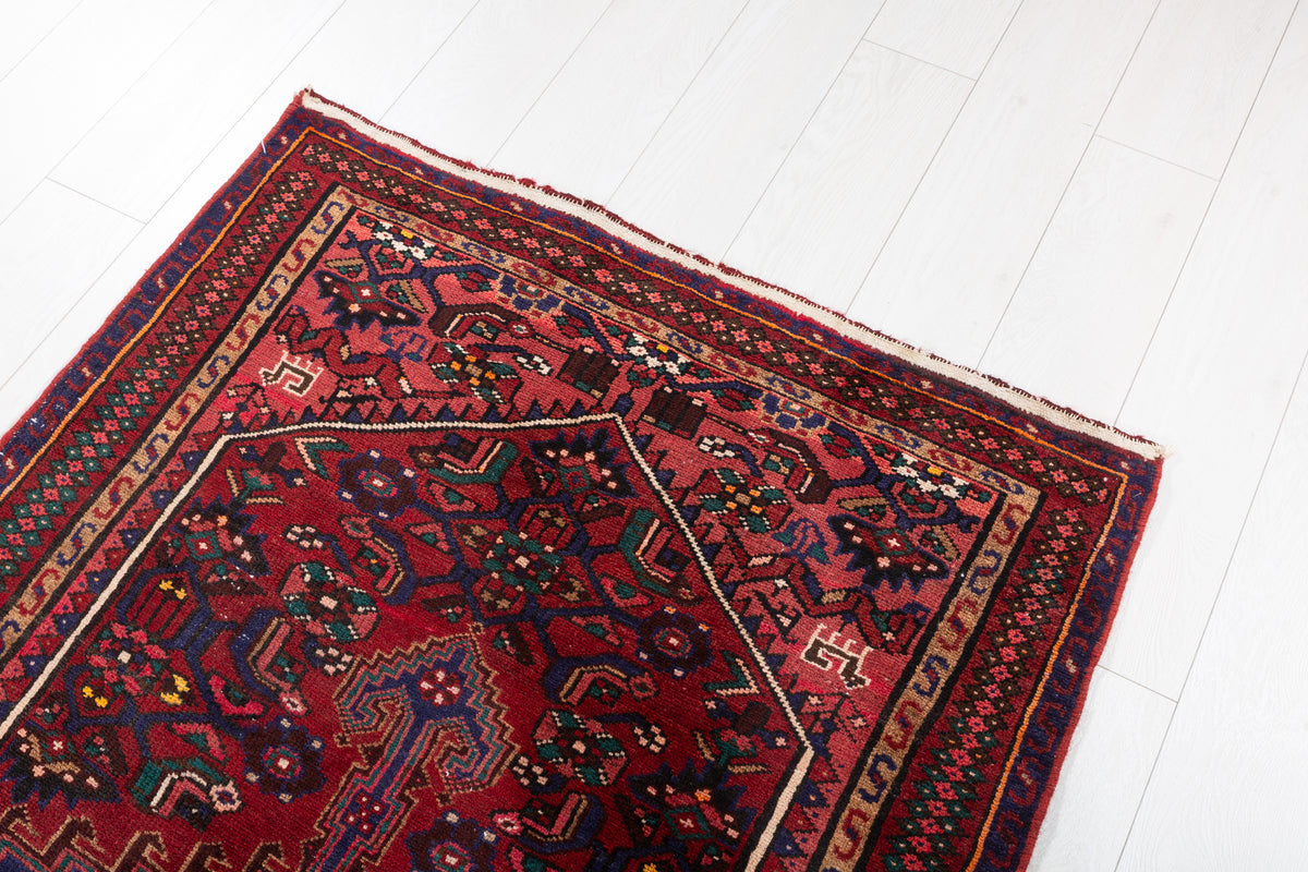 Vintage Rust Red and Navy Blue Fine Geometric Hand-Knotted Area Rug – 6' 8" x 3' 5" (204 x 103 cm)