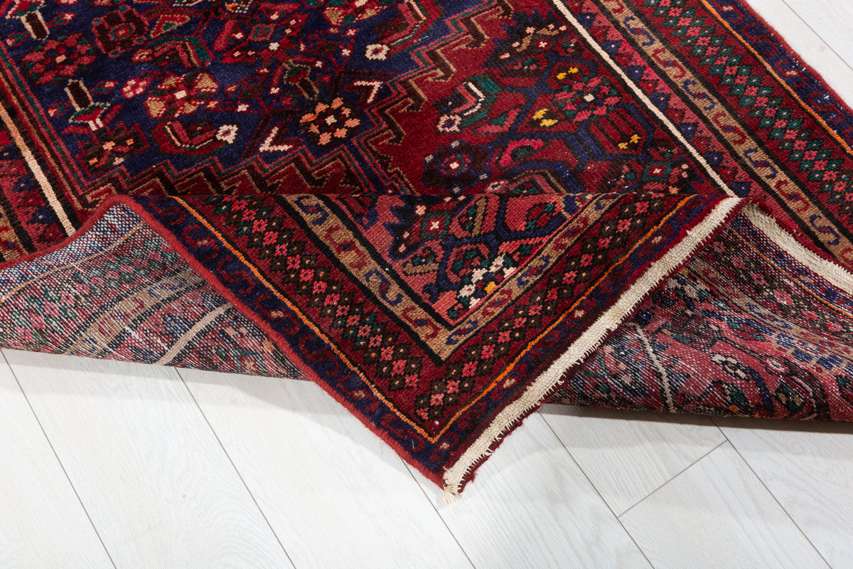 Vintage Rust Red and Navy Blue Fine Geometric Hand-Knotted Area Rug – 6' 8" x 3' 5" (204 x 103 cm)