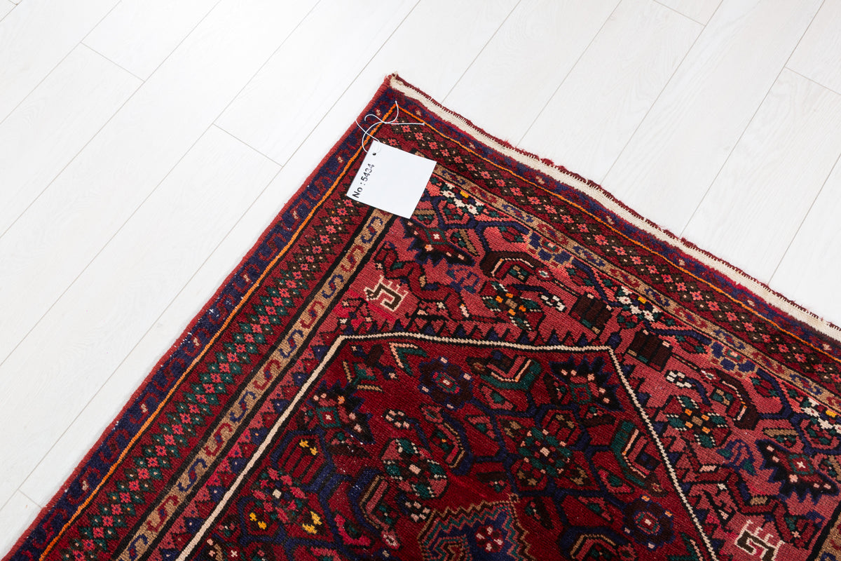 Vintage Rust Red and Navy Blue Fine Geometric Hand-Knotted Area Rug – 6' 8" x 3' 5" (204 x 103 cm)