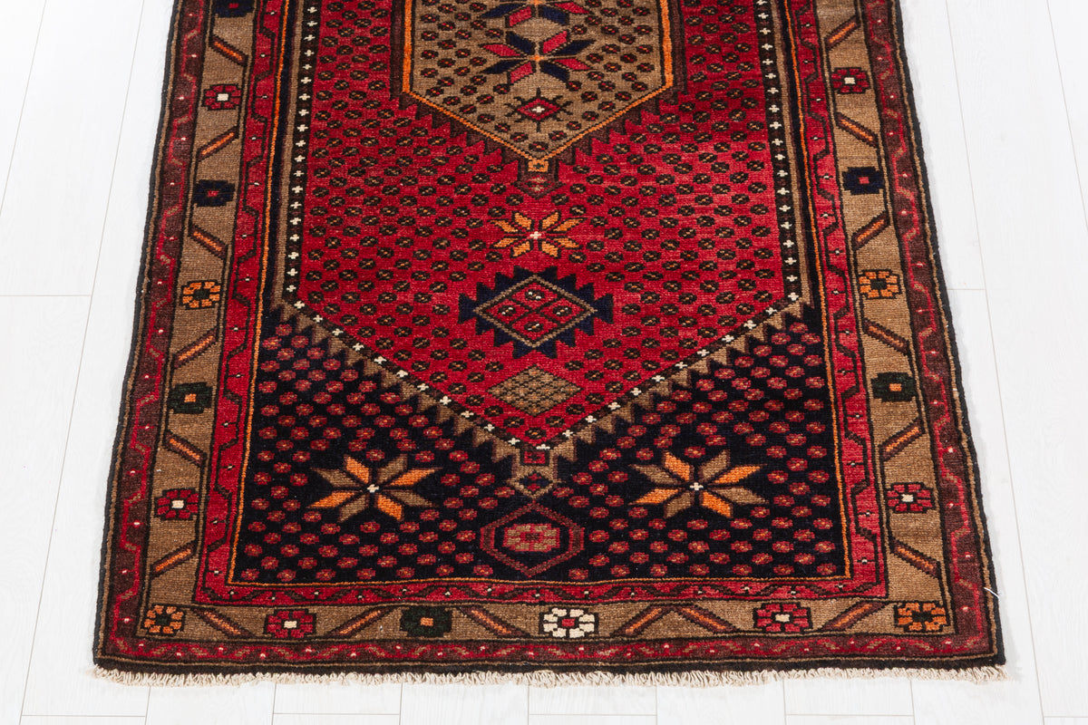 Vintage Red, Deep Navy Blue and Brown Geometric Hand-Knotted Area Rug – 6' 5" x 3' 5" (195 x 104 cm)