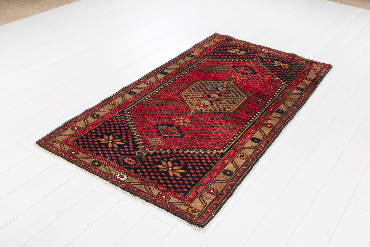 Vintage Red, Deep Navy Blue and Brown Geometric Hand-Knotted Area Rug – 6' 5" x 3' 5" (195 x 104 cm)