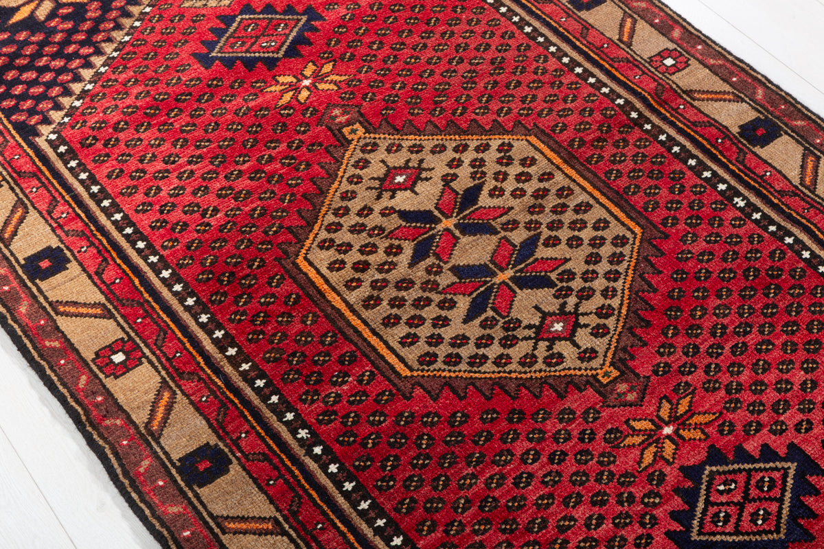 Vintage Red, Deep Navy Blue and Brown Geometric Hand-Knotted Area Rug – 6' 5" x 3' 5" (195 x 104 cm)