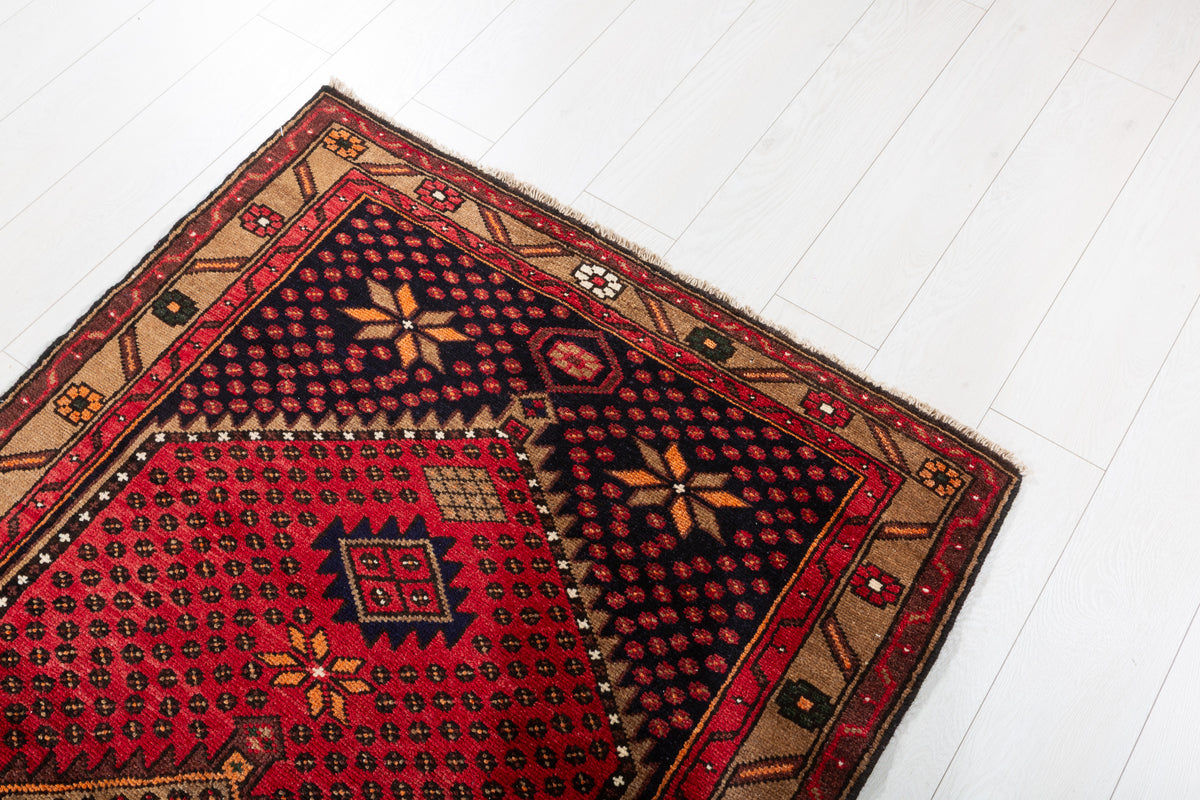 Vintage Red, Deep Navy Blue and Brown Geometric Hand-Knotted Area Rug – 6' 5" x 3' 5" (195 x 104 cm)