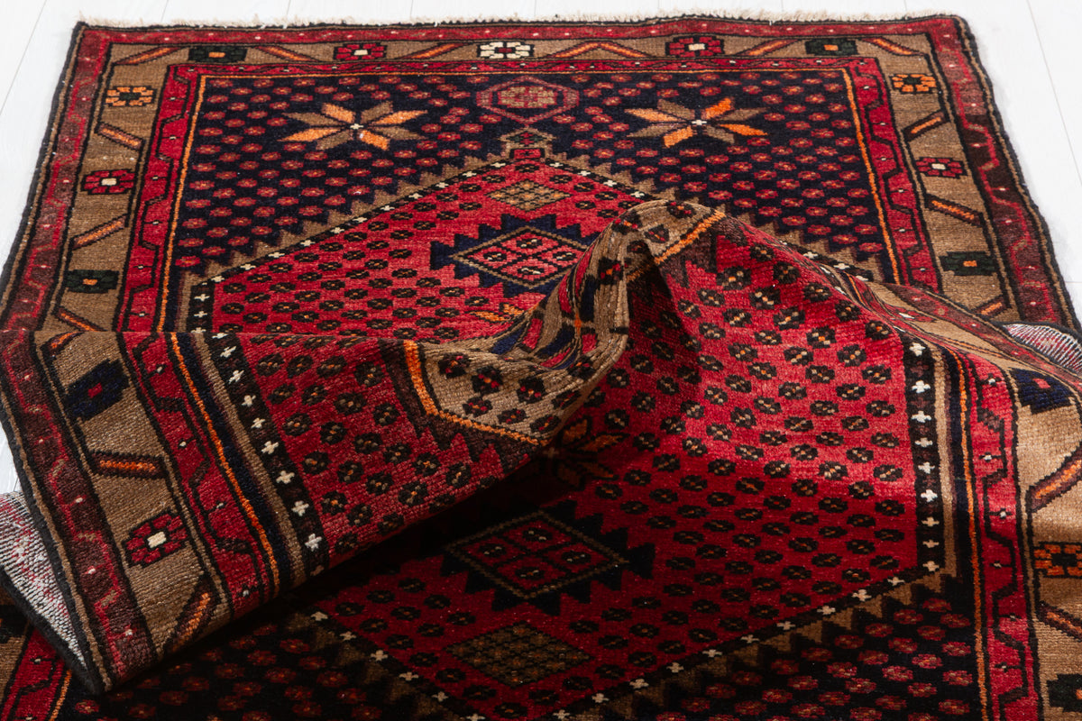 Vintage Red, Deep Navy Blue and Brown Geometric Hand-Knotted Area Rug – 6' 5" x 3' 5" (195 x 104 cm)