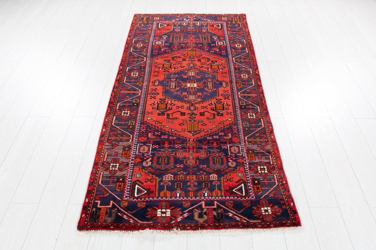 Vintage Navy Blue and Red Geometric Hand-Knotted Area Rug – 6' 10" x 3' 4" (208 x 102 cm)