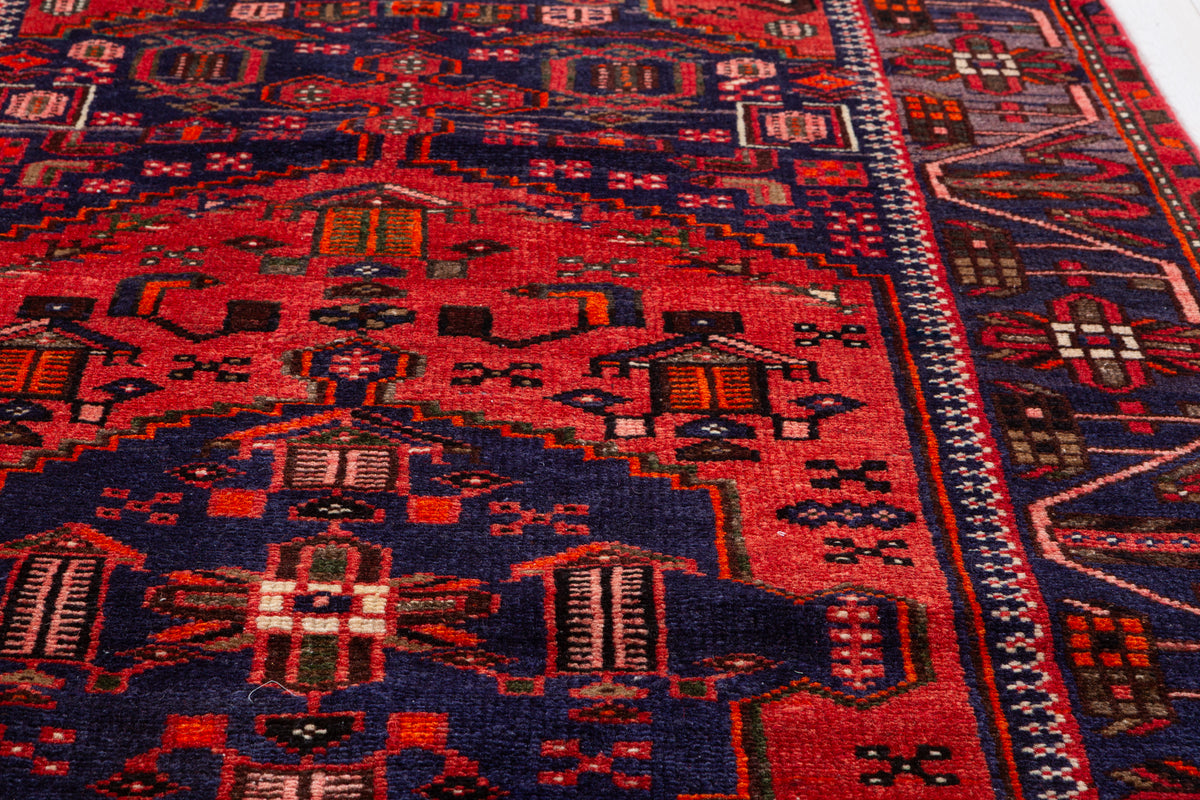 Vintage Navy Blue and Red Geometric Hand-Knotted Area Rug – 6' 10" x 3' 4" (208 x 102 cm)