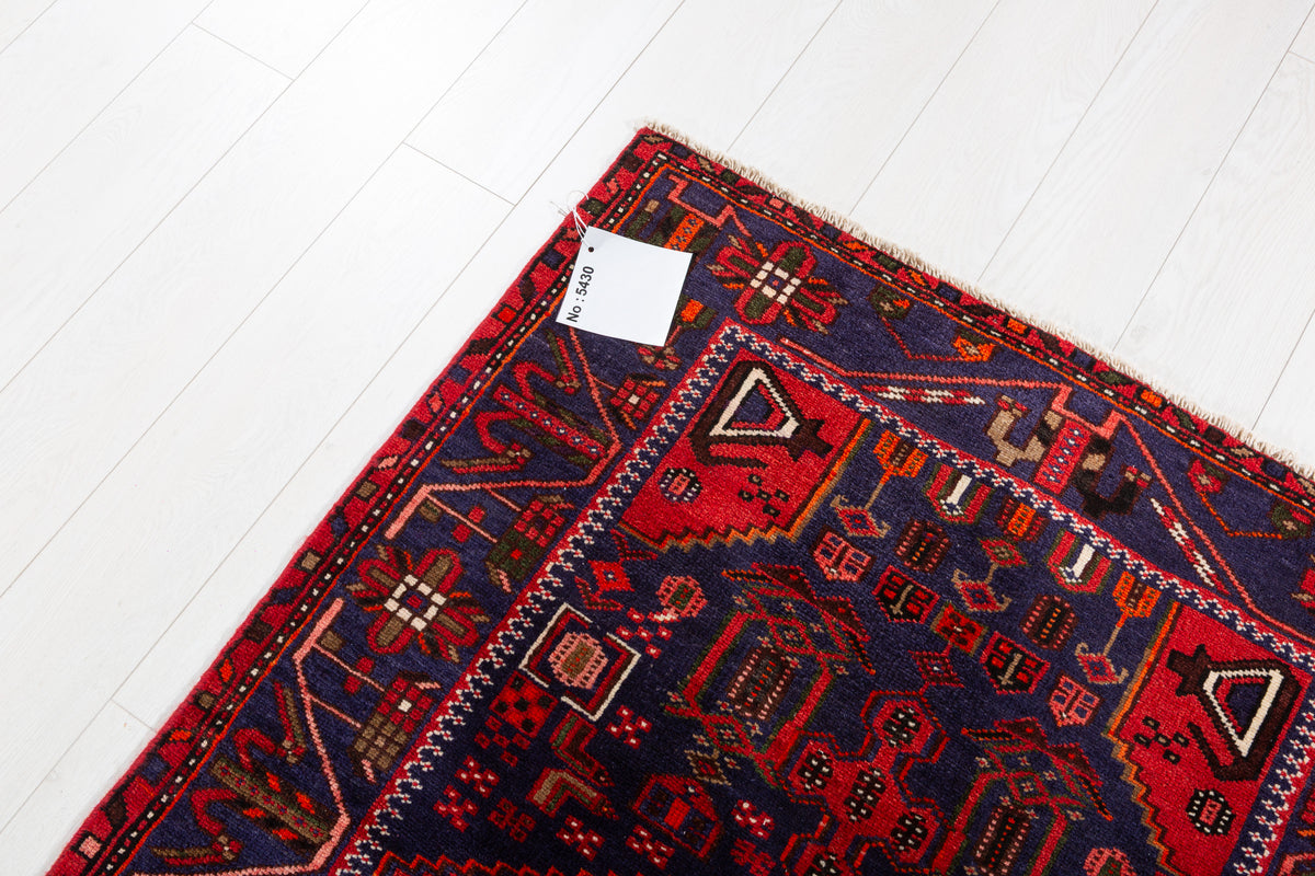 Vintage Navy Blue and Red Geometric Hand-Knotted Area Rug – 6' 10" x 3' 4" (208 x 102 cm)