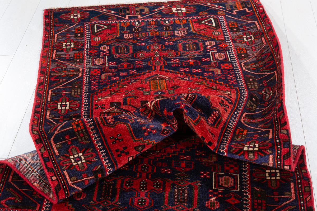 Vintage Navy Blue and Red Geometric Hand-Knotted Area Rug – 6' 10" x 3' 4" (208 x 102 cm)