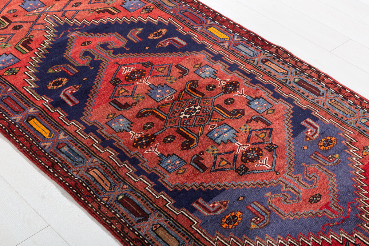 Vintage Red Geometric Medallion Hand-Knotted Area Rug – 7' 2" x 3' 6" (218 x 107 cm)