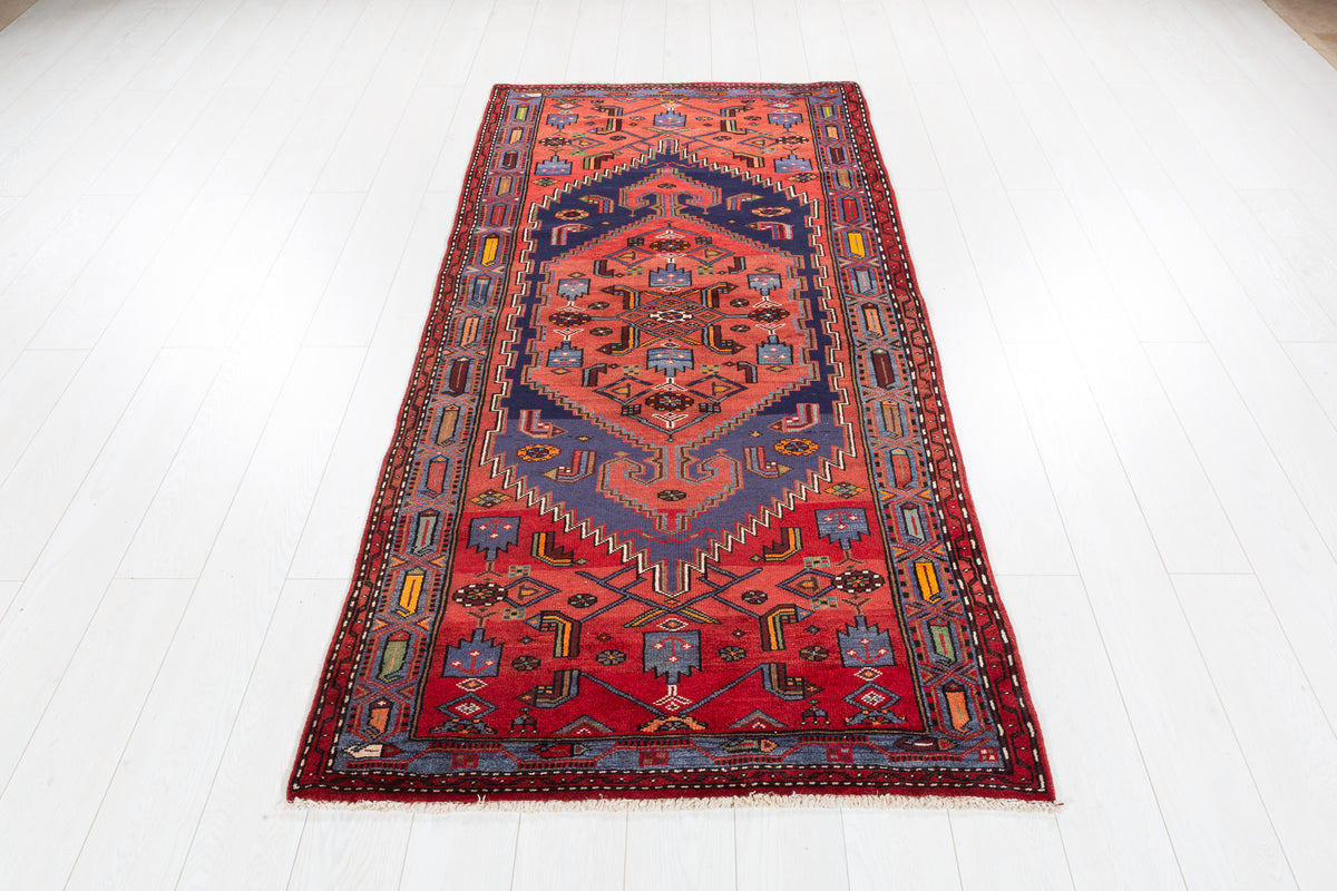 Vintage Red Geometric Medallion Hand-Knotted Area Rug – 7' 2" x 3' 6" (218 x 107 cm)