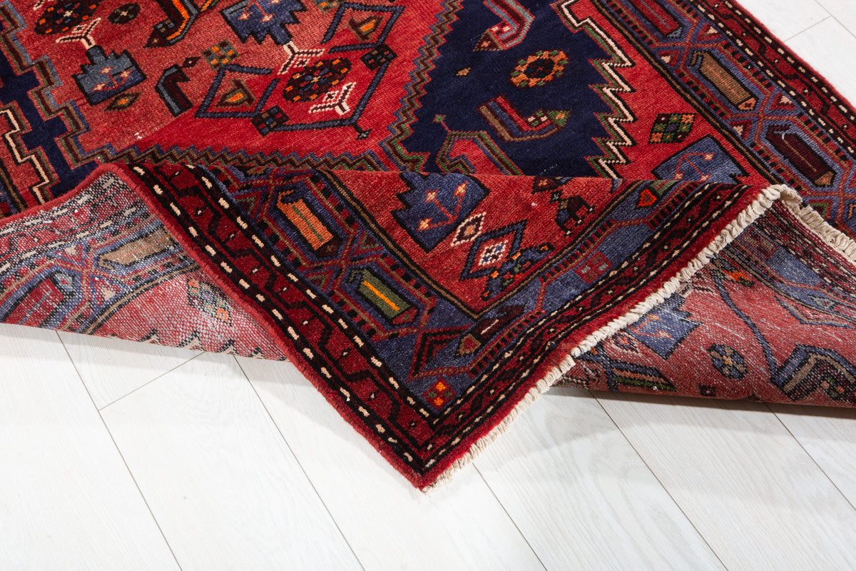 Vintage Red Geometric Medallion Hand-Knotted Area Rug – 7' 2" x 3' 6" (218 x 107 cm)