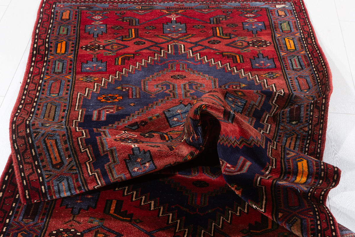 Vintage Red Geometric Medallion Hand-Knotted Area Rug – 7' 2" x 3' 6" (218 x 107 cm)