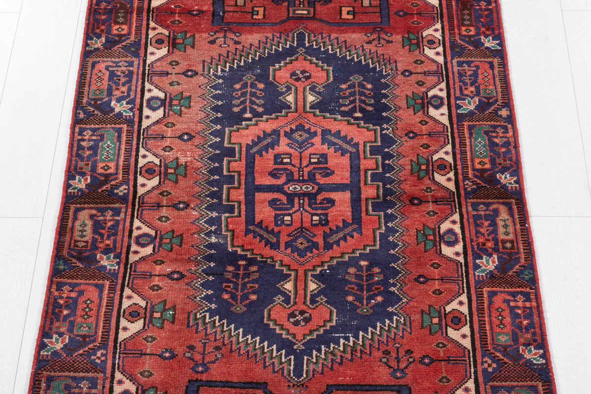 Vintage Rust Red and Navy Blue Geometric Hand-Knotted Area Rug – 6' 5" x 3' 3" (195 x 99 cm)